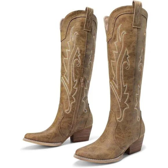 Womens Faux Leather Tan Embroidered Side Zipper Chunky Heel Retro Tall Boot - Picture 9 of 9